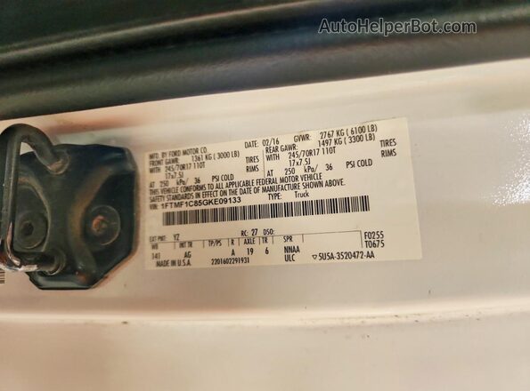 1FTMF1C85GKE09133 2016 FORD F150 White Vista de la etiqueta del VIN