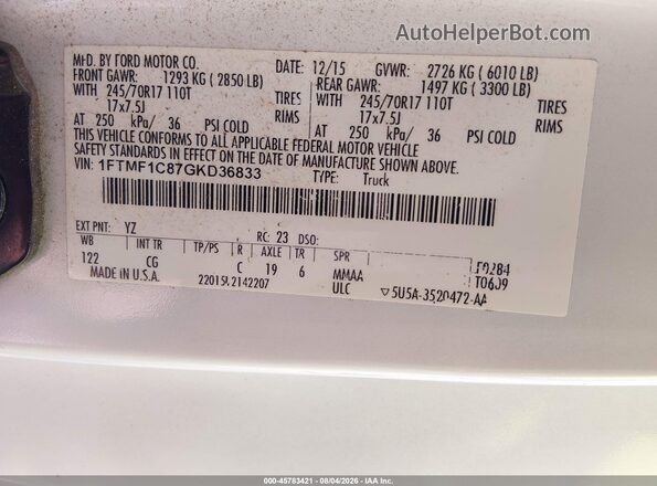 1FTMF1C87GKD36833 2016 FORD F150 Белый Вид подкапотного пространства
