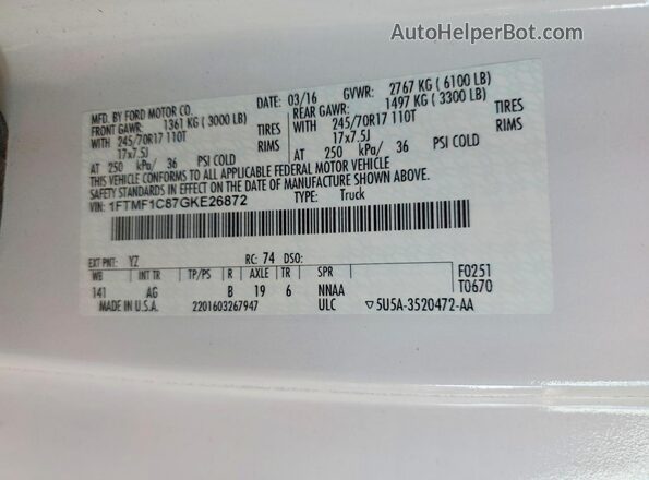 1FTMF1C87GKE26872 2016 FORD F150 Белый Вид подкапотного пространства