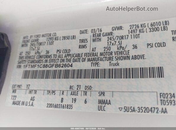1FTMF1C88GFB62604 2016 FORD F150 White ძრავის განყოფილების ხედი