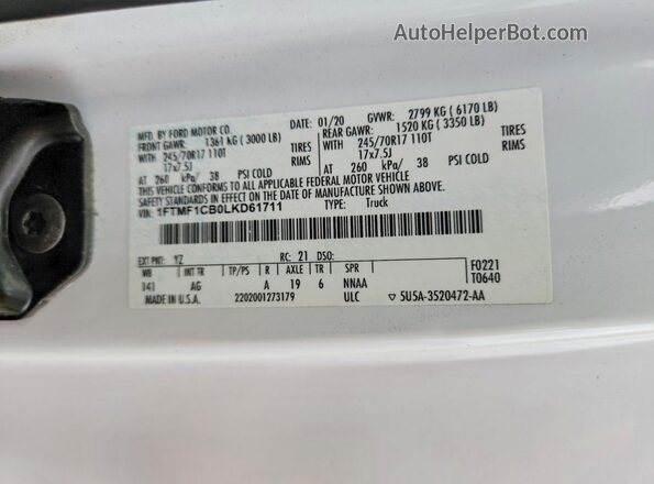 1FTMF1CB0LKD61711 2020 FORD F150 White VIN კოდის სტიკერის ხედი