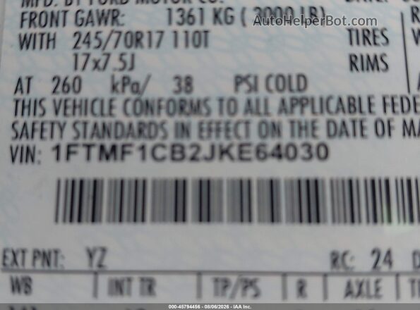 1FTMF1CB2JKE64030 2018 FORD F150 White Vista del compartimento del motor