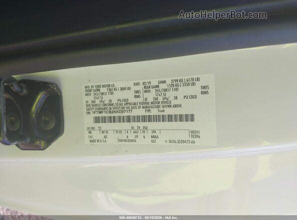 1FTMF1CB2KKD07177 2019 FORD F150 White Vista del compartimento del motor