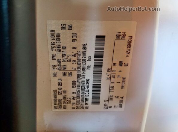1FTMF1CB2LFA73892 2020 FORD F150 White Vista del compartimento del motor