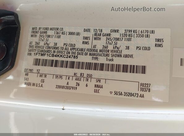 1FTMF1CB4KKC24785 2019 FORD F150 Белый Вид подкапотного пространства