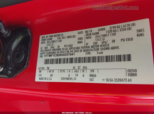 1FTMF1CB5KKE57641 2019 FORD F150 Red Widok komory silnika