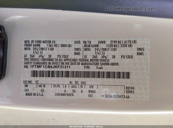 1FTMF1CB6JKF31311 2018 FORD F150 Белый Вид подкапотного пространства