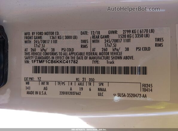 1FTMF1CB6KKC41782 2019 FORD F150 White Engine compartment view