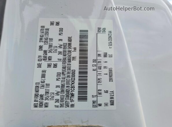 1FTMF1CB7KKD30003 2019 FORD F150 White VIN sticker view