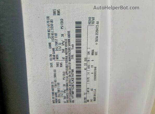 1FTMF1CB7LKE16798 2020 FORD F150 White Շարժիչի բաժամունքի տեսք