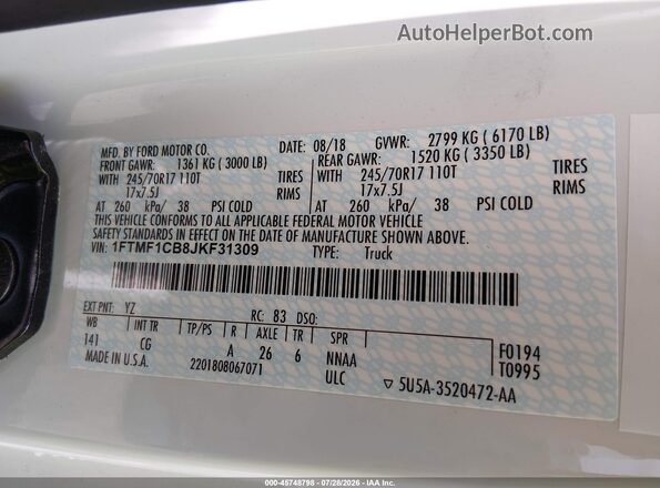 1FTMF1CB8JKF31309 2018 FORD F150 Белый Вид подкапотного пространства