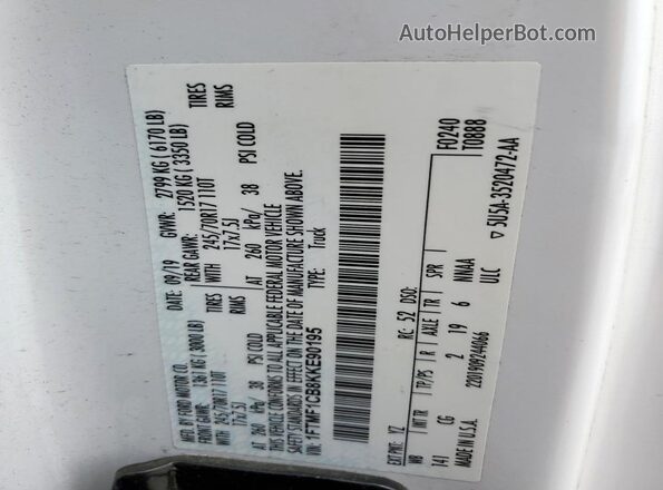 1FTMF1CB8KKE90195 2019 FORD F150 White VIN კოდის სტიკერის ხედი
