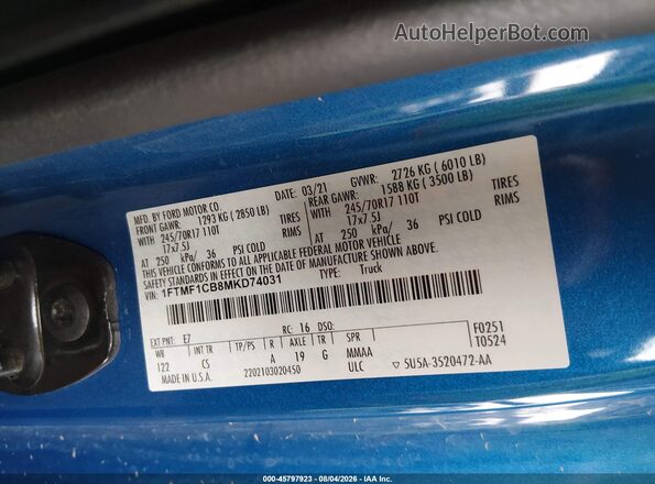 1FTMF1CB8MKD74031 2021 FORD F150 Blue ძრავის განყოფილების ხედი