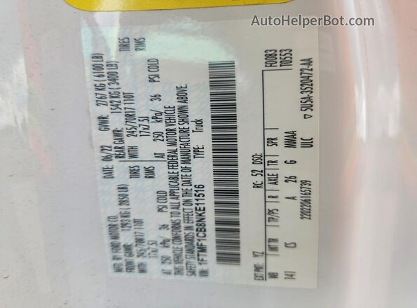 1FTMF1CB8NKE11516 2022 FORD F150 White VIN կոդի պիտակի տեսք
