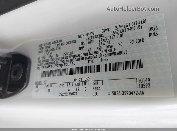 1FTMF1CP3NKE03366 2022 FORD F150 White Vista del compartimento del motor