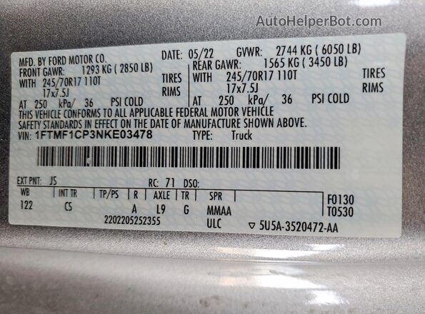 1FTMF1CP3NKE03478 2022 FORD F150 Silver Widok komory silnika