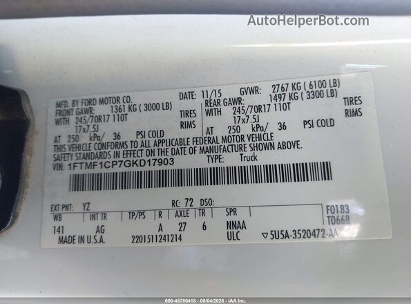 1FTMF1CP7GKD17903 2016 FORD F150 White Widok komory silnika