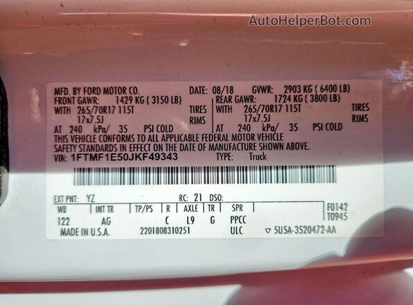1FTMF1E50JKF49343 2018 FORD F150 Белый Вид подкапотного пространства