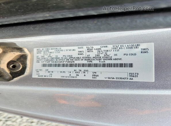 1FTMF1E80GKF74925 2016 FORD F150 Silver VIN sticker view