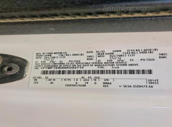 1FTMF1EB4NKD82710 2022 FORD F150 White Вид підкапотного простору