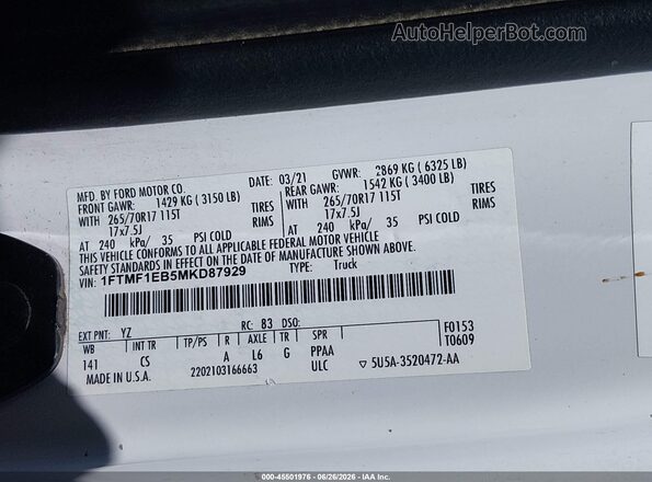 1FTMF1EB5MKD87929 2021 FORD F150 White Engine compartment view