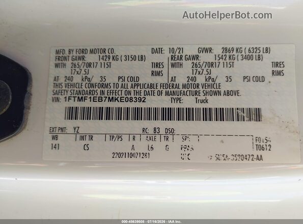 1FTMF1EB7MKE08392 2021 FORD F150 White Widok komory silnika