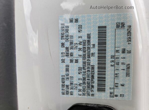 1FTMF1EP8MKE93965 2021 FORD F150 White Vista de la etiqueta del VIN