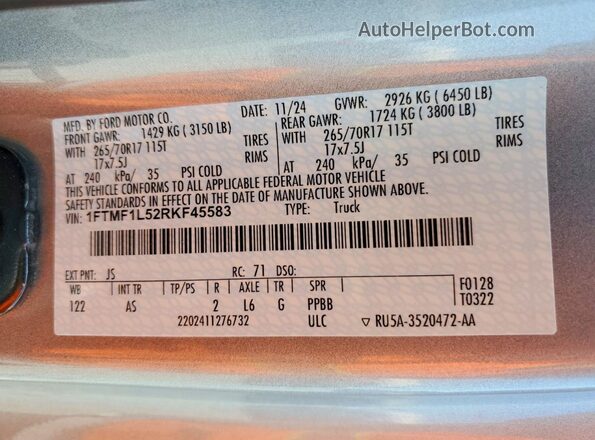 1FTMF1L52RKF45583 2024 FORD F150 Silver ძრავის განყოფილების ხედი