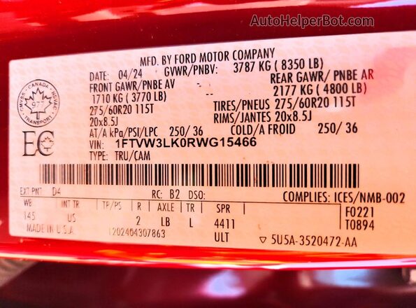 1FTVW3LK0RWG15466 2024 FORD F150 Красный Вид наклейки с VIN-кодом