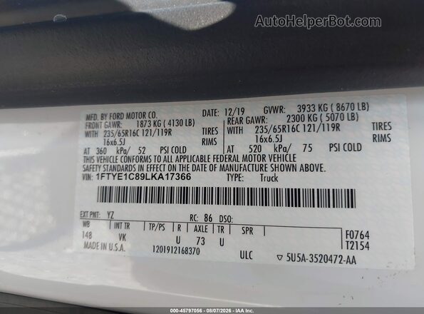 1FTYE1C89LKA17366 2020 FORD TRANSIT-150 White Շարժիչի բաժամունքի տեսք