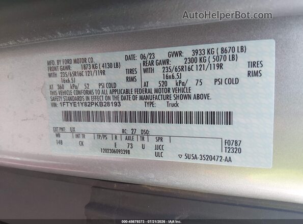 1FTYE1Y82PKB28193 2023 FORD TRANSIT-150 Серебряный Вид наклейки с VIN-кодом