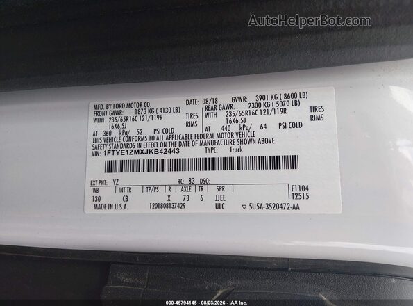 1FTYE1ZMXJKB42443 2018 FORD TRANSIT-150 White Շարժիչի բաժամունքի տեսք