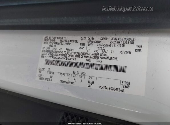 1FTYR1CM9GKB33173 2016 FORD TRANSIT-250 White Vista del compartimento del motor