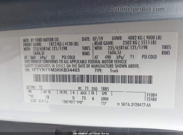 1FTYR1YM3KKB34403 2019 FORD TRANSIT-250 Белый Вид подкапотного пространства