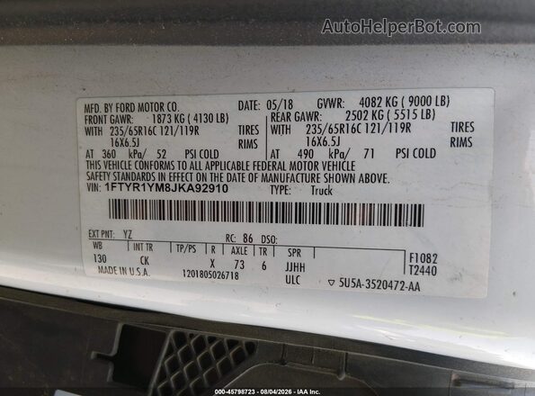 1FTYR1YM8JKA92910 2018 FORD TRANSIT-250 White Widok komory silnika