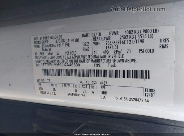1FTYR1YM9JKA46809 2018 FORD TRANSIT-250 White Widok komory silnika