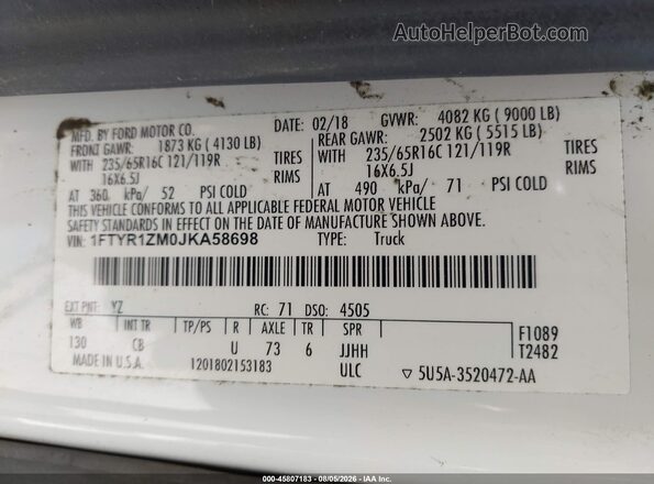 1FTYR1ZM0JKA58698 2018 FORD TRANSIT-250 White Engine compartment view