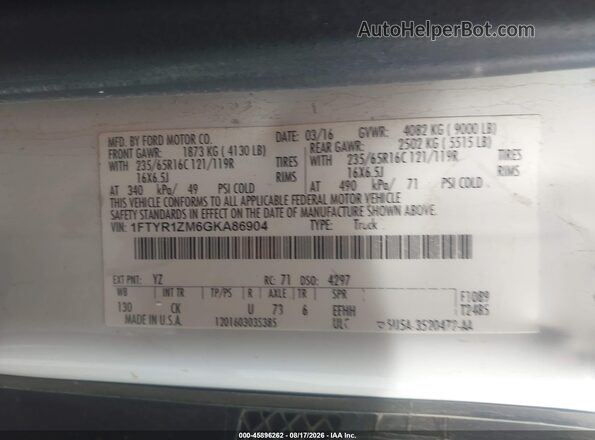 1FTYR1ZM6GKA86904 2016 FORD TRANSIT-250 White Engine compartment view