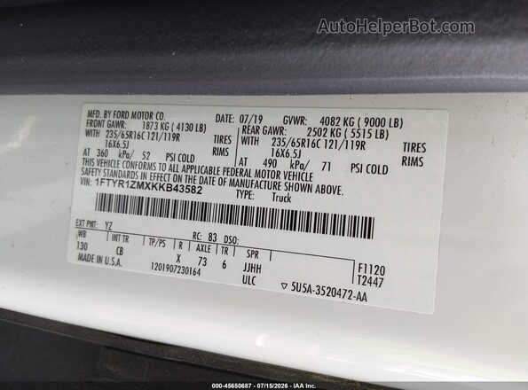1FTYR1ZMXKKB43582 2019 FORD TRANSIT-250 White Շարժիչի բաժամունքի տեսք