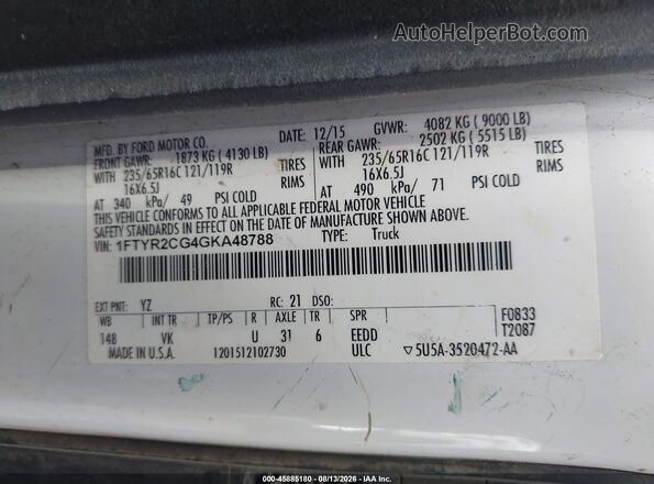 1FTYR2CG4GKA48788 2016 FORD TRANSIT-250 White Engine compartment view