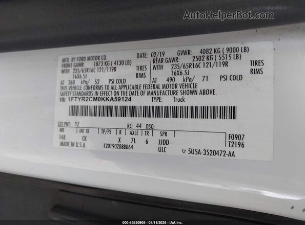 1FTYR2CM0KKA59124 2019 FORD TRANSIT-250 White Widok komory silnika