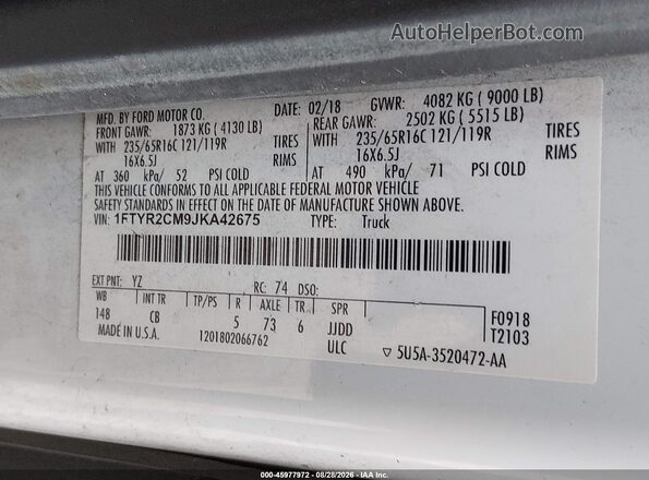 1FTYR2CM9JKA42675 2018 FORD TRANSIT-250 White ძრავის განყოფილების ხედი