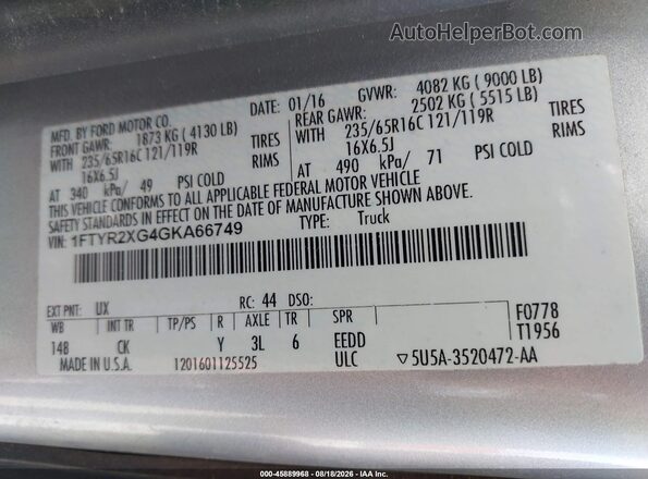 1FTYR2XG4GKA66749 2016 FORD TRANSIT-250 Silver Widok komory silnika