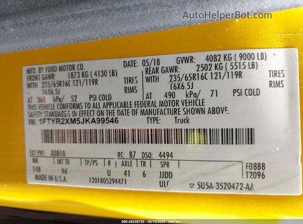 1FTYR2XM5JKA99546 2018 FORD TRANSIT-250 Yellow Вид підкапотного простору