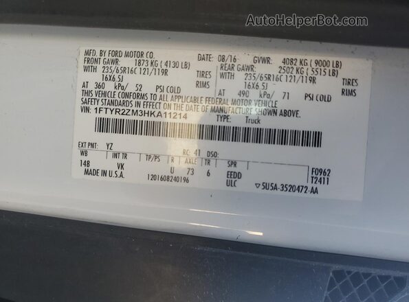 1FTYR2ZM3HKA11214 2017 FORD TRANSIT White VIN կոդի պիտակի տեսք