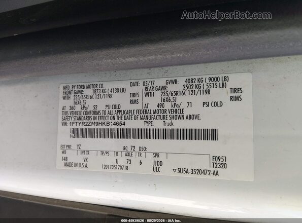 1FTYR2ZM9HKB14654 2017 FORD TRANSIT-250 White ძრავის განყოფილების ხედი