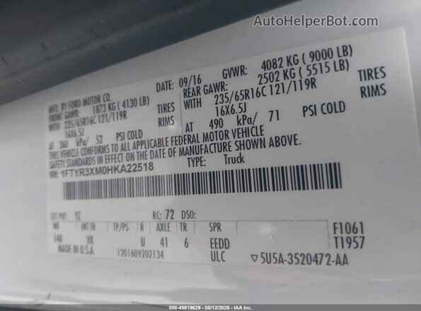 1FTYR3XM0HKA22518 2017 FORD TRANSIT-250 White Շարժիչի բաժամունքի տեսք