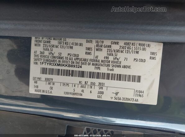 1FTYR3XM0KKB89324 2019 FORD TRANSIT-250 Синий Вид подкапотного пространства