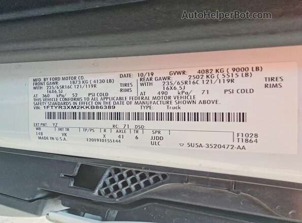 1FTYR3XM2KKB86389 2019 FORD TRANSIT White Вид підкапотного простору
