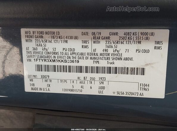 1FTYR3XM3KKB33619 2019 FORD TRANSIT-250 Blue Vista del compartimento del motor